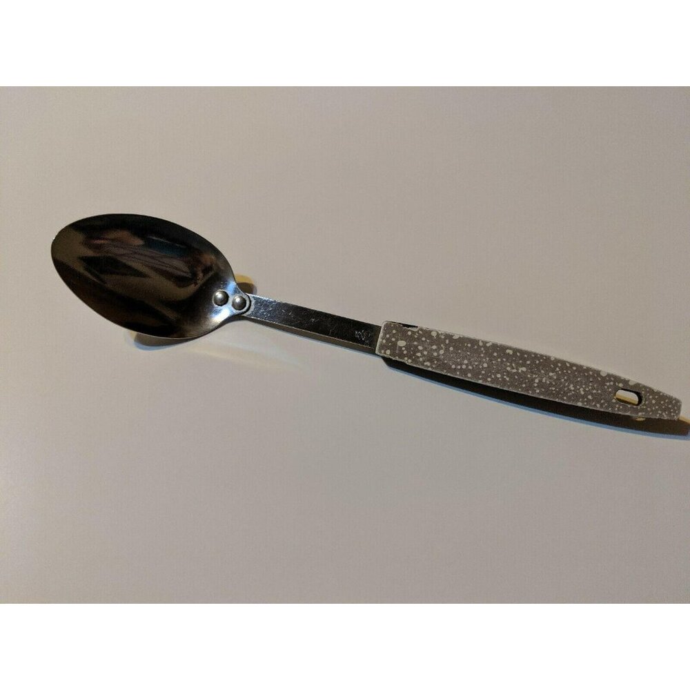 Vintage SS Small Head Serving Solid Spoon Gray White Speckled Handle 10 1/2"